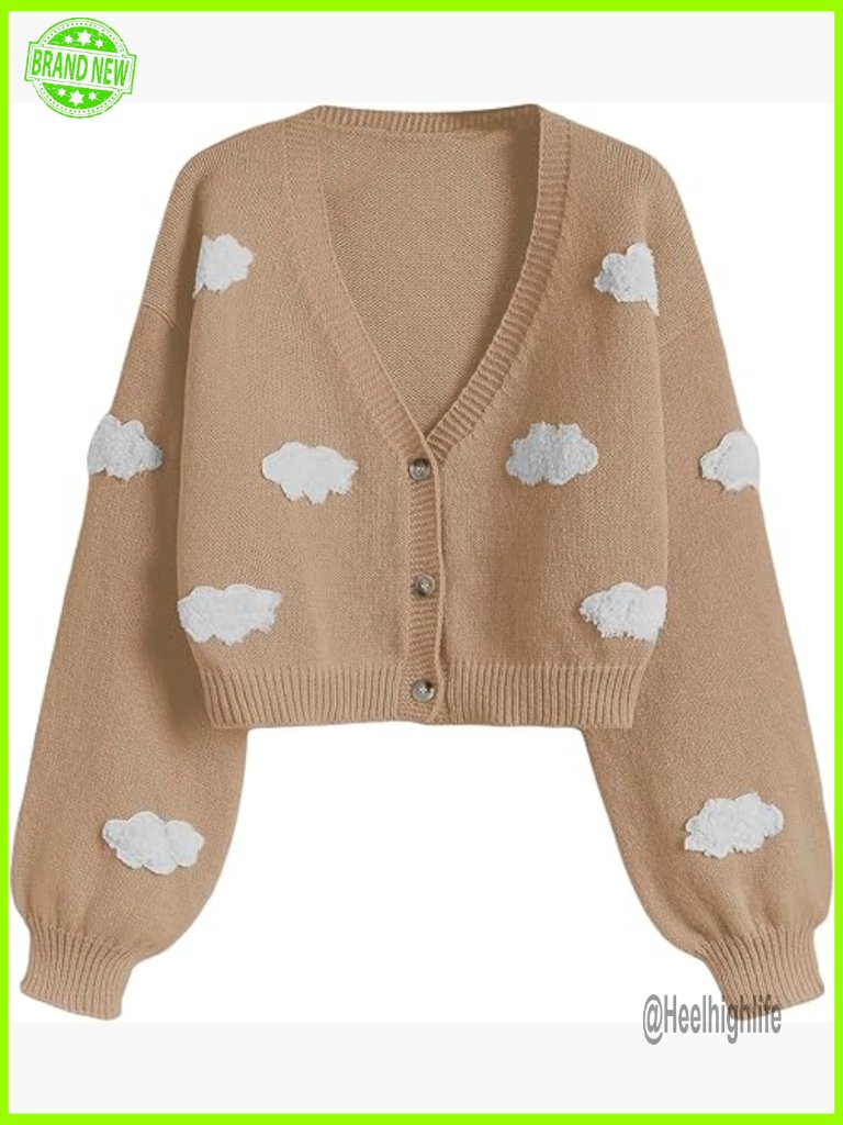 V Neck Long Sleeve Crop Knit Cardigan Top Button Down Cloud Print
